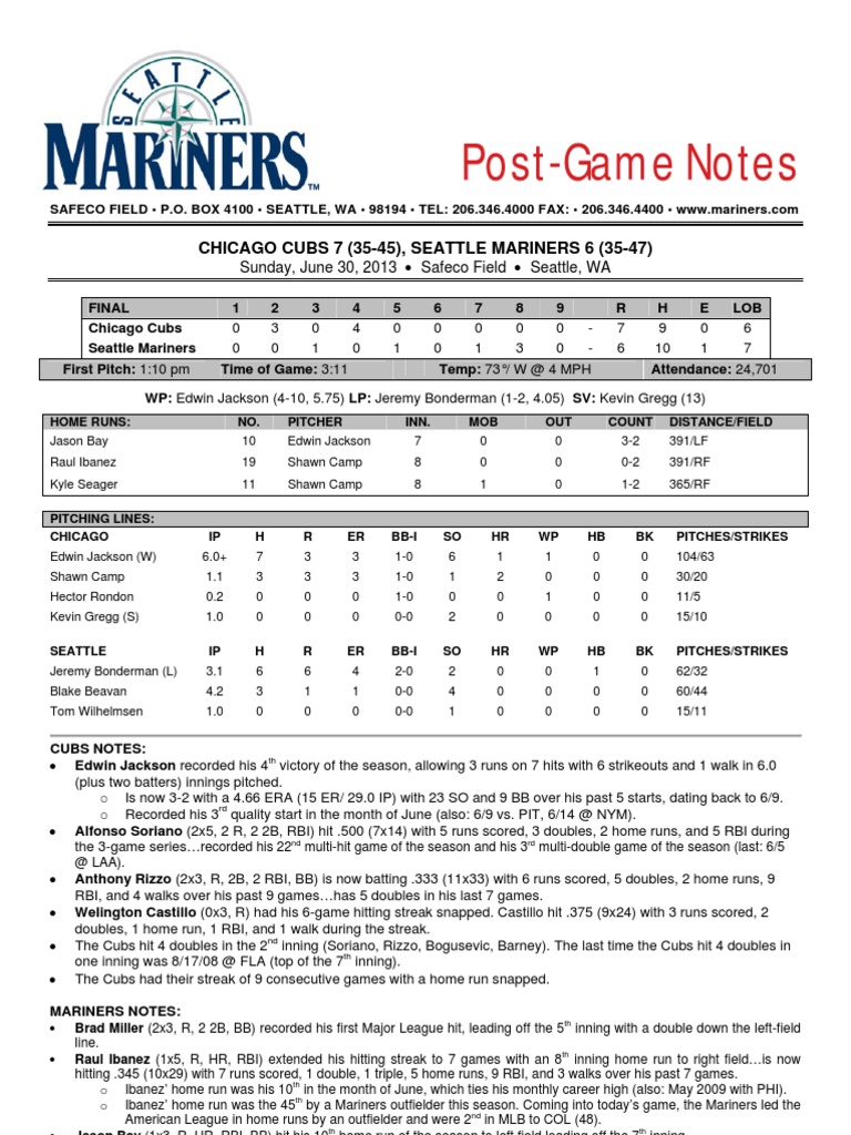 06.30.13 Post-Game Notes | PDF | Home Run | Run (Baseball)
