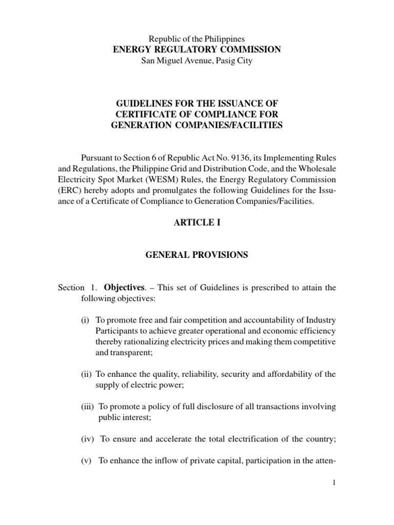 222 COC Guidelines Electrical Grid Regulatory Compliance