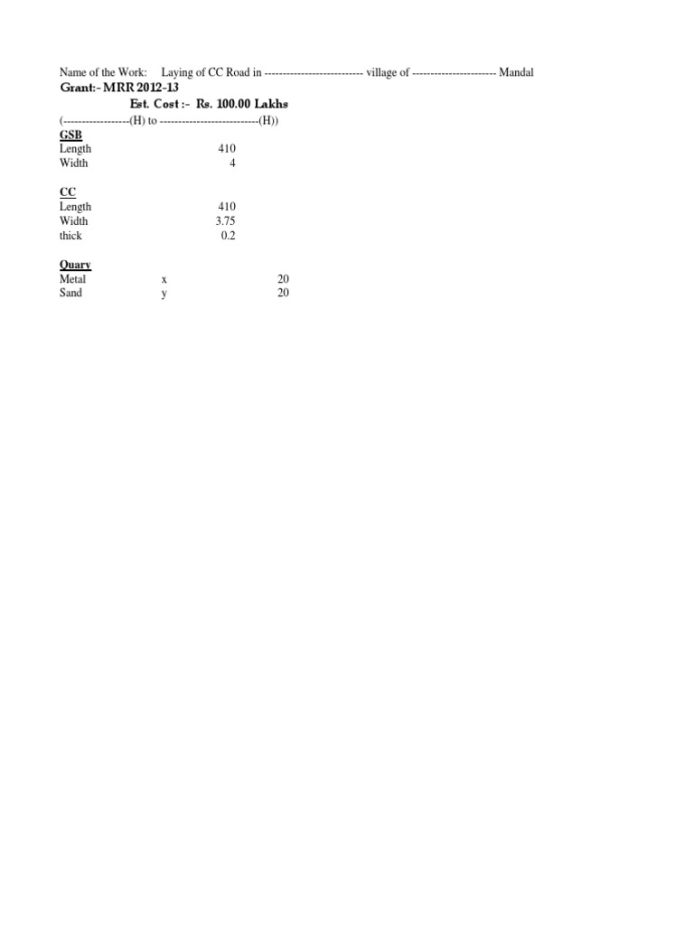 CC Road Construction Estimate Details | PDF | Road Surface | Concrete