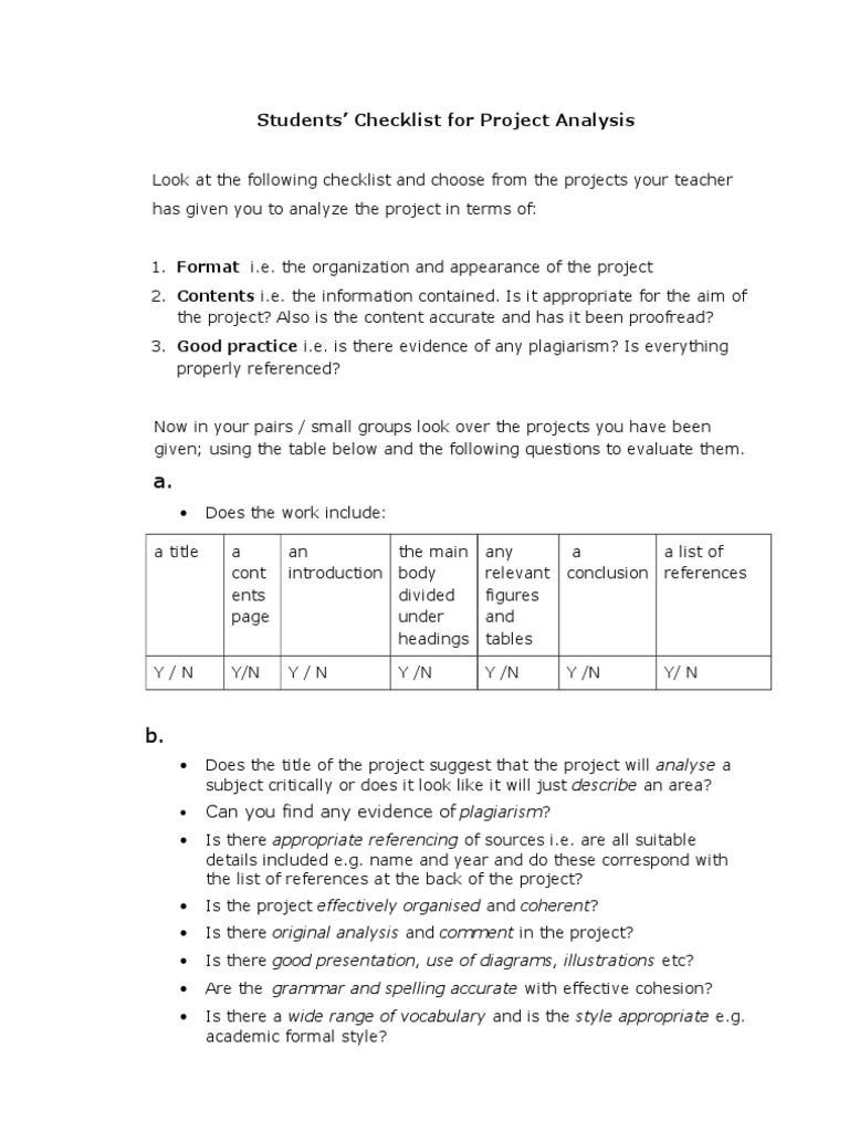 Project Analysis Checklist for Students | PDF