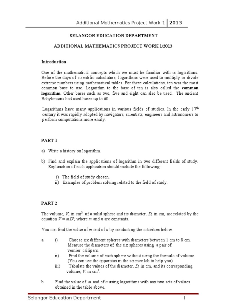 Additional Mathematics Project Work 1/2013 Selangor | PDF | Logarithm ...