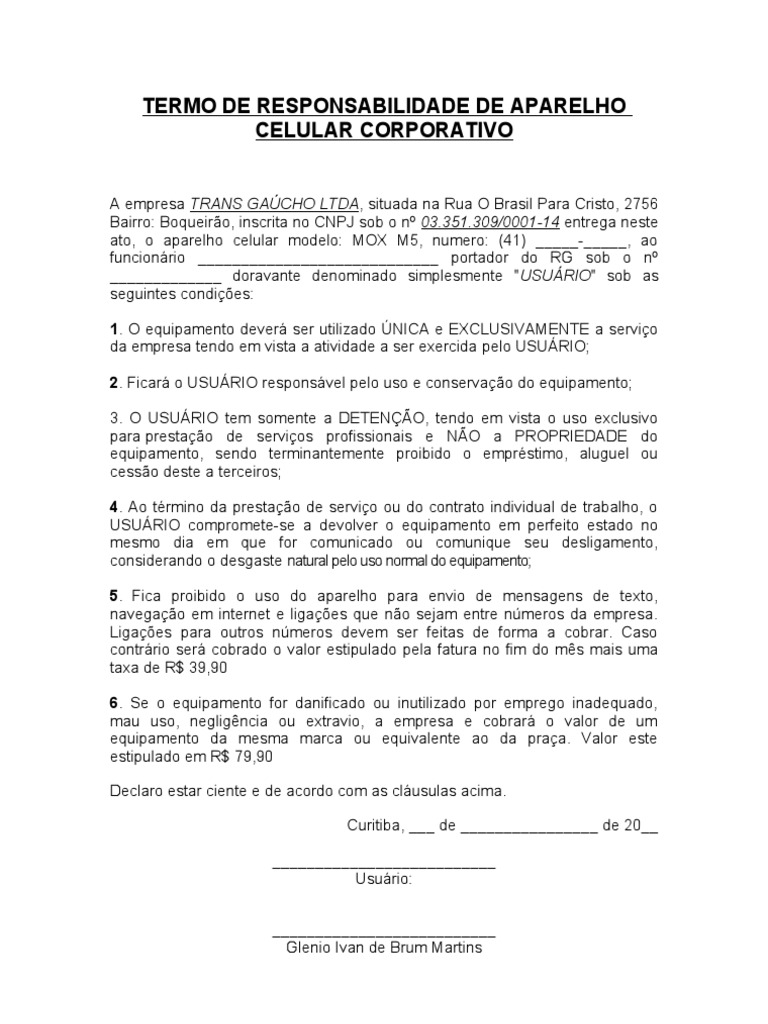 Termo de Responsabilidade de Aparelho Celular Corporativo