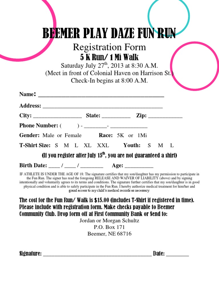 Beemer Play Daze Fun Run: Registration Form | PDF | Sports & Recreation