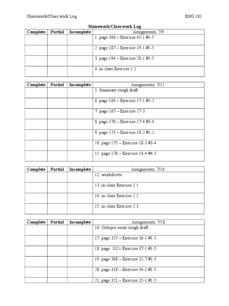 Homework/Class Work Log Complete Partial Incomplete | PDF