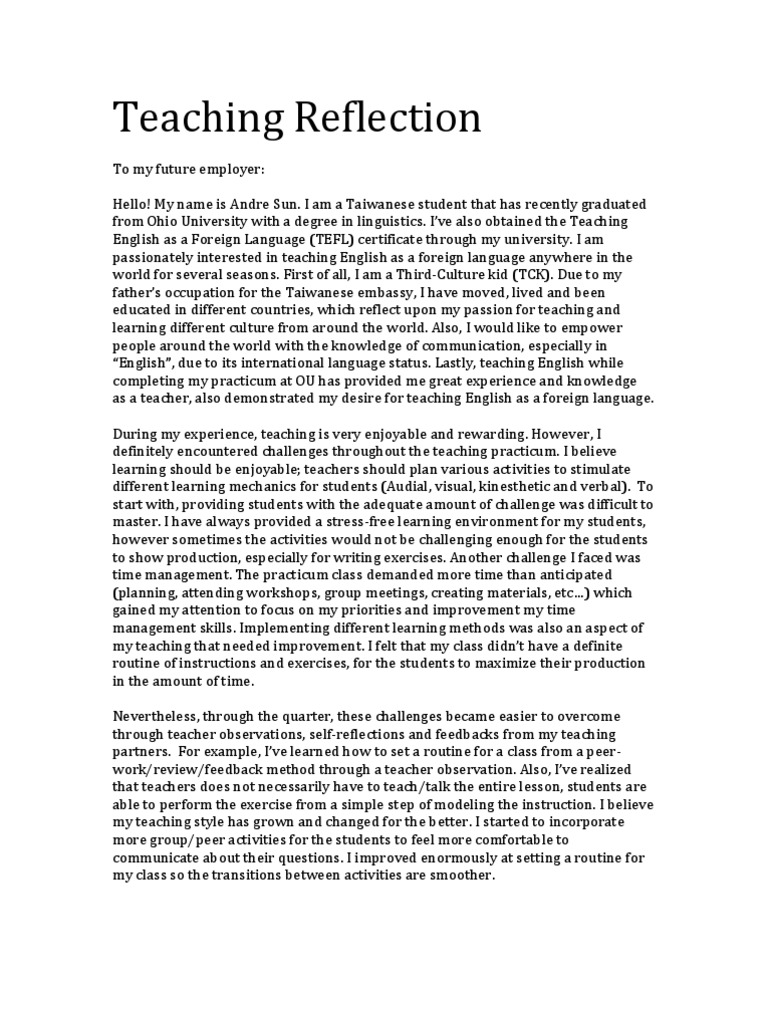 Teaching Reflection1 English As A Second Or Foreign Language