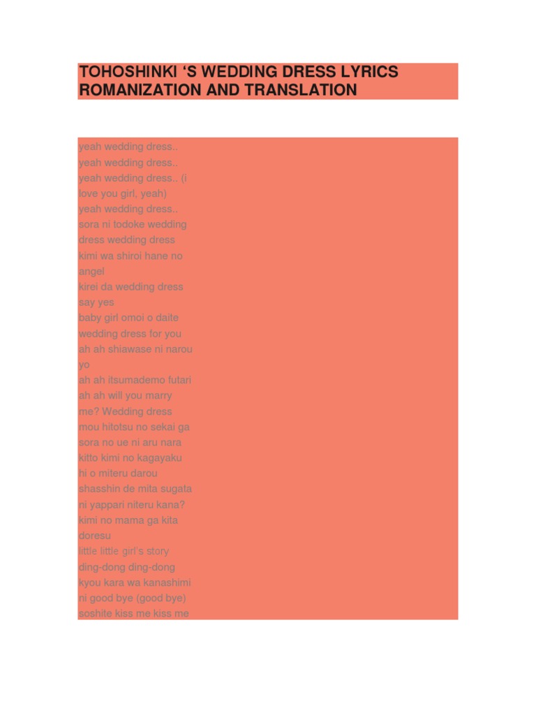 Tohoshinki S Wedding Dress Lyrics Romanization and Translation PDF