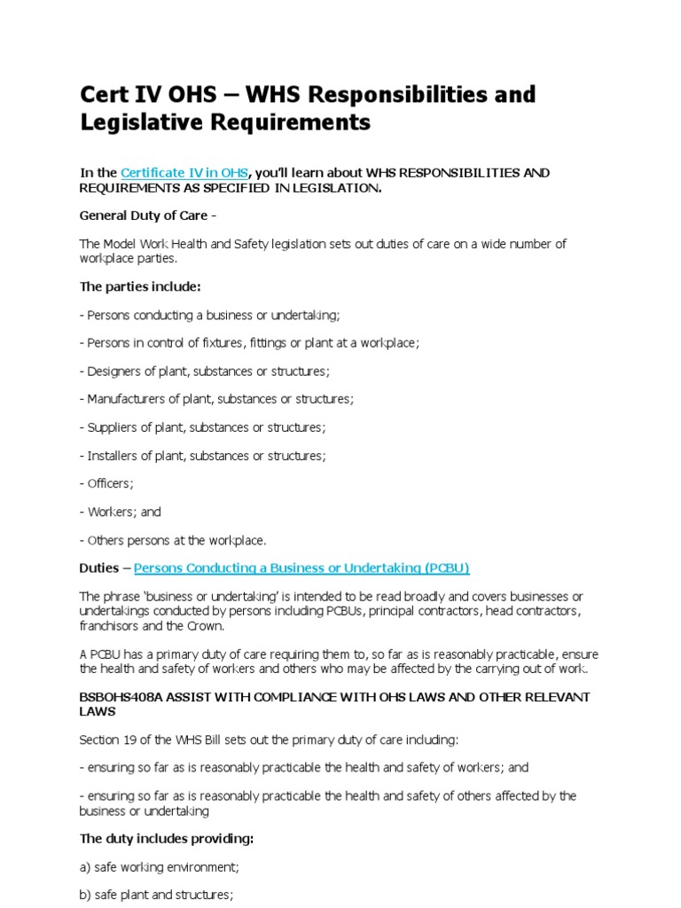 Cert IV OHS WHS Responsibilities and Legislative Requirements