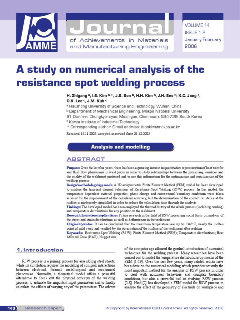 A Study On Numerical Analysis of The Resistance Spot Welding Process ...