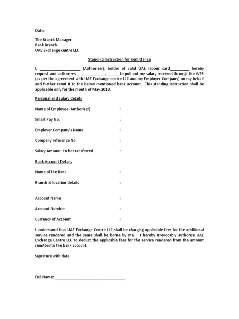 Standing Instruction for Remittance | PDF