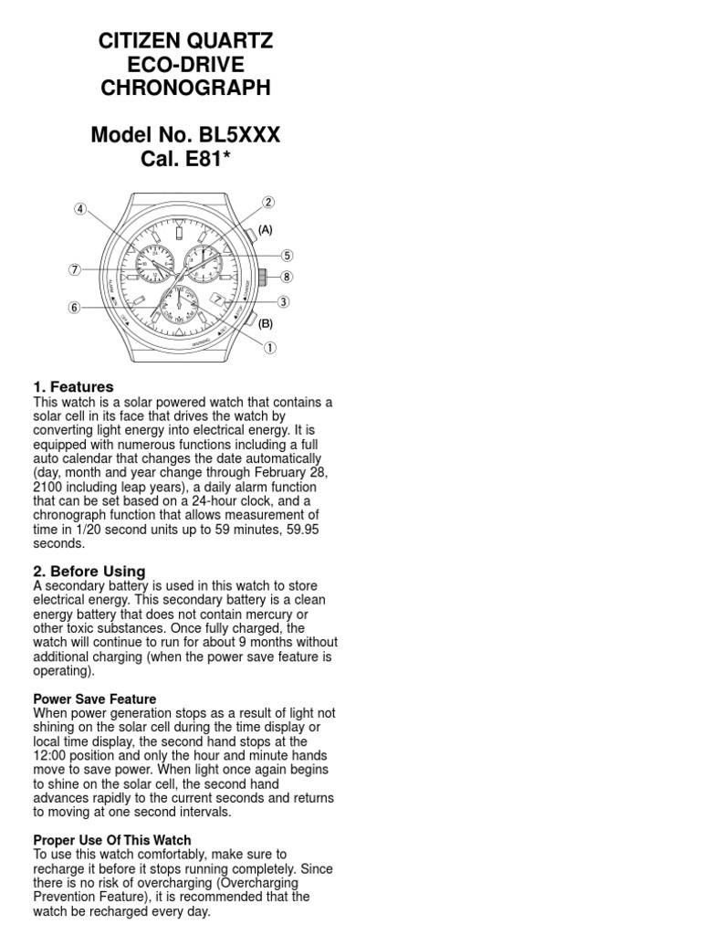 Citizen Instruction Manual E811 Watch Rechargeable Battery