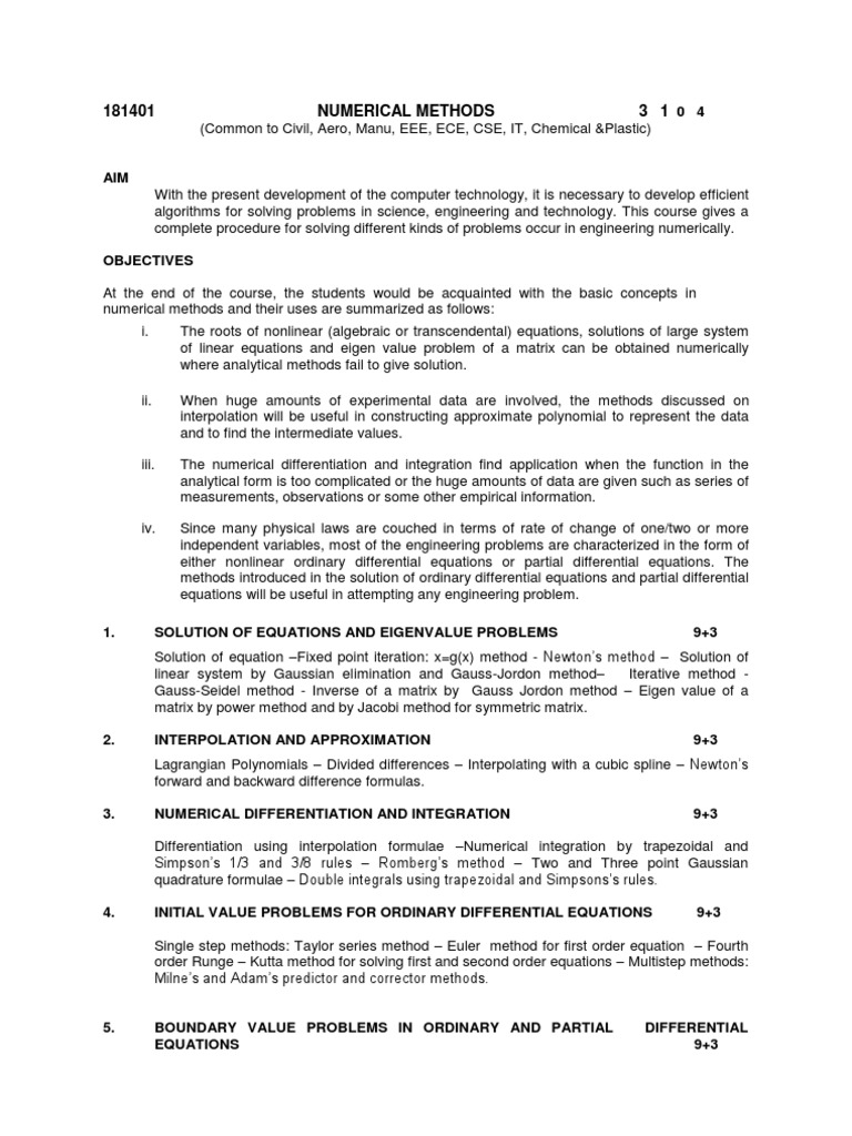 Numerical Methods Syllabus Numerical Analysis Eigenvalues And