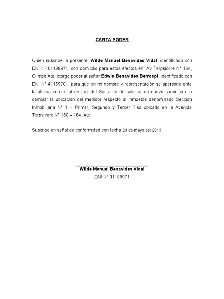 Carta Poder Para Trámites En La Municipalidad