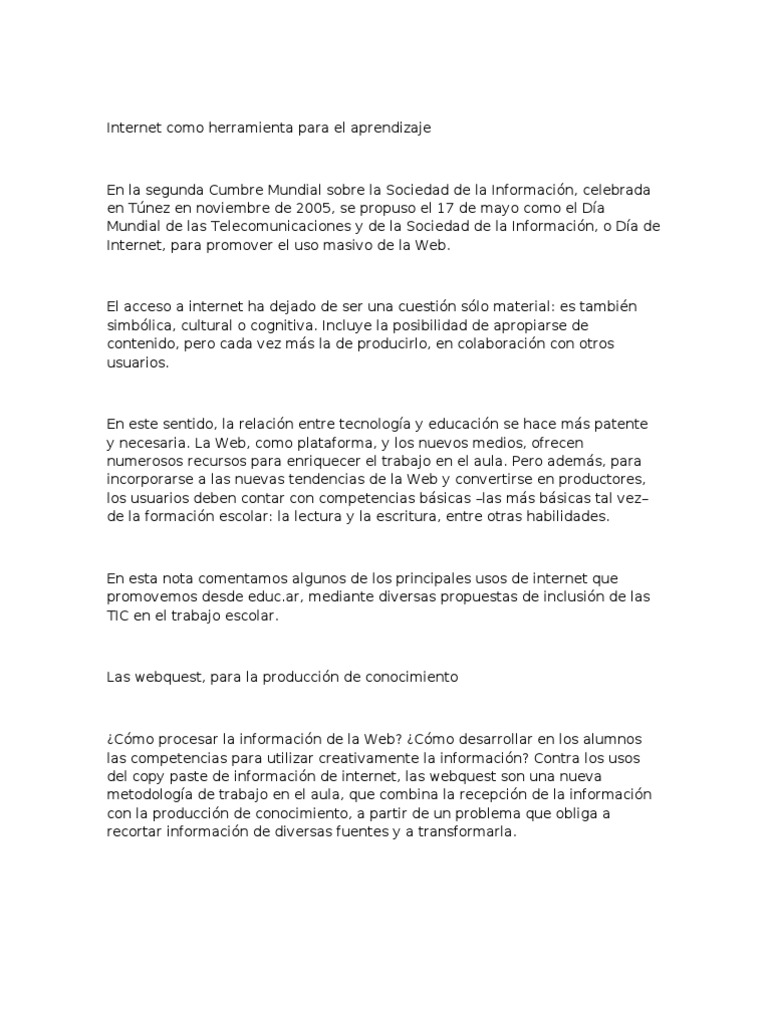 Internet Como Herramienta para El Aprendizaje | PDF | Internet | Maestros