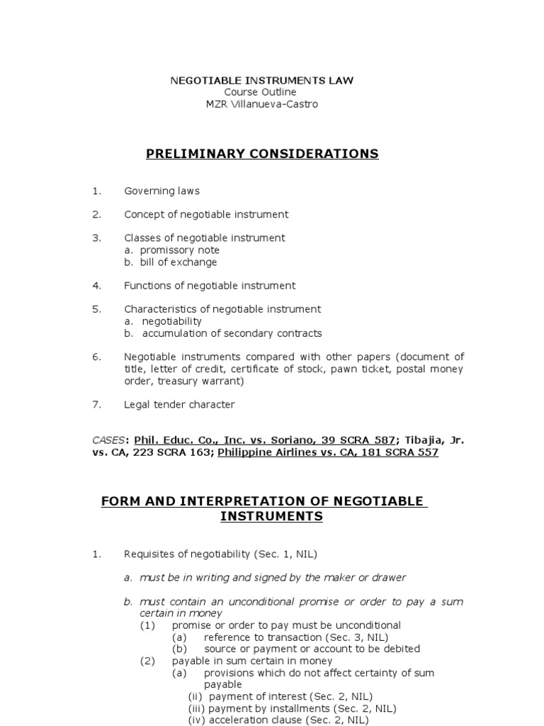 NEGOTIABLE INSTRUMENTS LAW Course Outline Negotiable Instrument