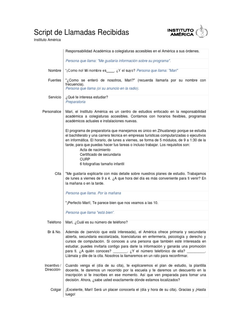 Script - Llamada Entrante | PDF | Educación Secundaria | Science
