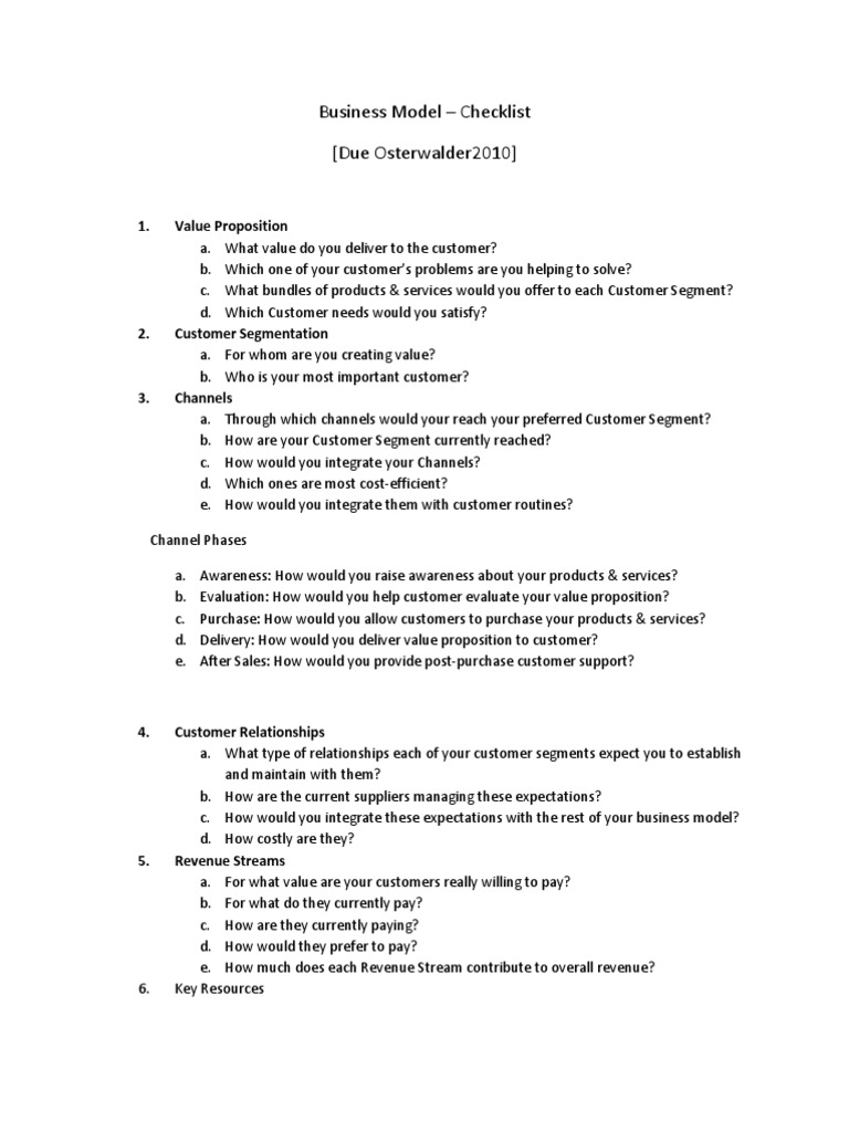 Business Model Checklist | PDF | Business Model | Customer