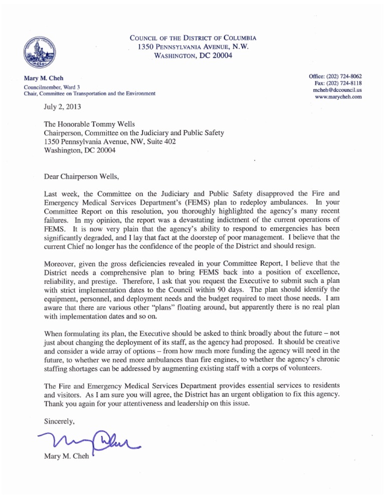Mary Cheh's Letter to Tommy Wells requesting resignation ...