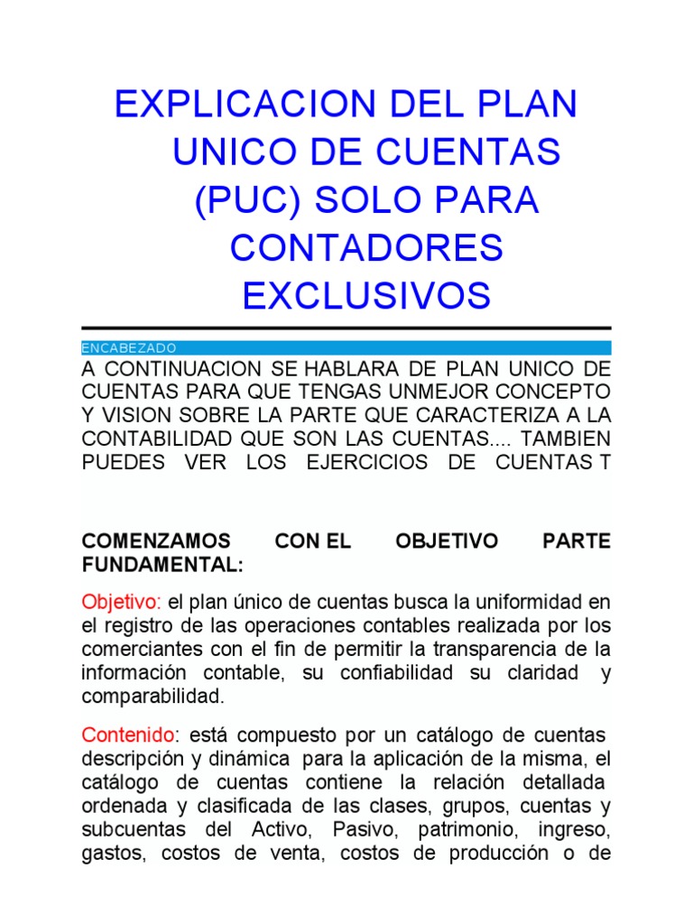 Explicacion Del Plan Unico de Cuentas | PDF | Contabilidad | Negocios ...