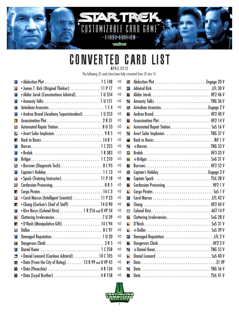 1E Star Trek CCG 2ETo1E Converted Cards List
