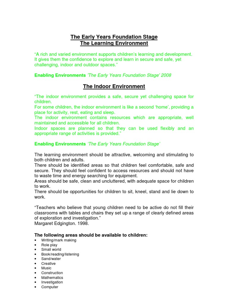 Early Years Learning Environment Guide | PDF | Playground | Emotions