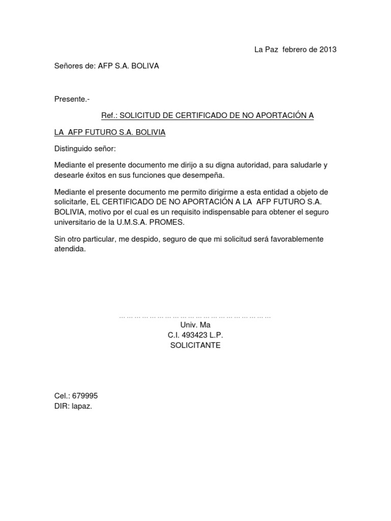 Modelo De Carta De Solicitud De Certificado De Trabajo En Bolivia
