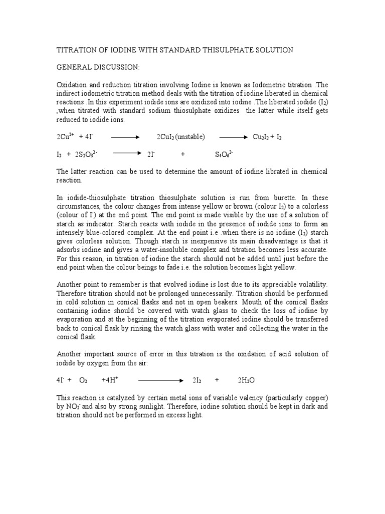 Titration of Iodine With Standard Thisulphate Solution Titration Iodine