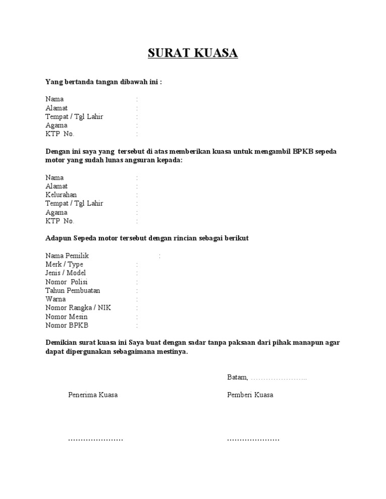 Download 85+ Contoh Surat Surat Kuasa Pengambilan Bpkb Terbaru Gratis