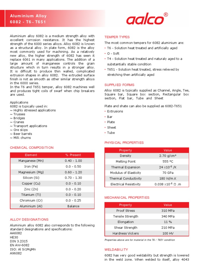 Aalco Metals Ltd Aluminium Alloy 6082 T6 T651 148 Pdf Alloy Aluminium