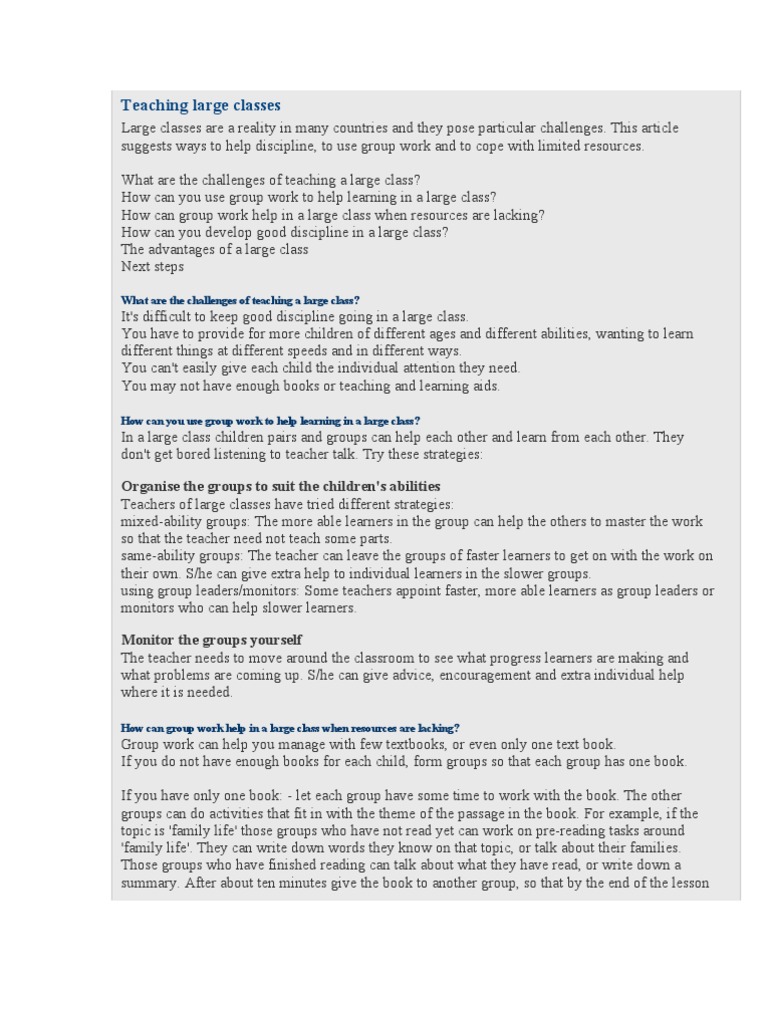 Strategies for Teaching Large Classes | PDF | Classroom | Teachers
