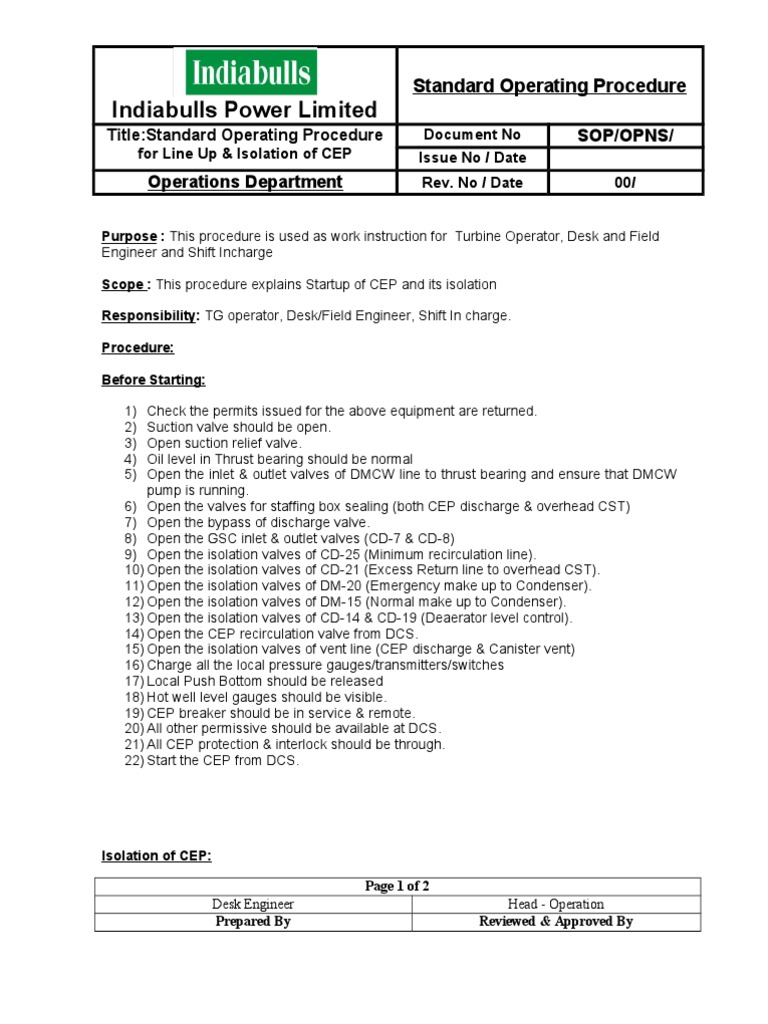 Indiabulls Power Limited Sop Opns Operations Department Pdf Valve