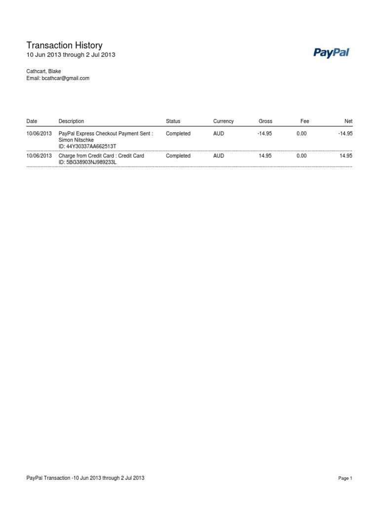 Transaction History: 10 Jun 2013 Through 2 Jul 2013 | PDF