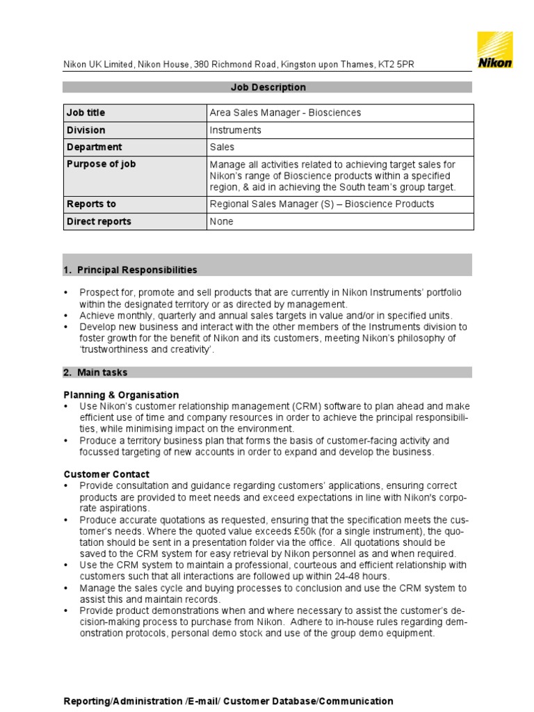 Area Sales Manager Job Description | PDF | Customer Relationship ...