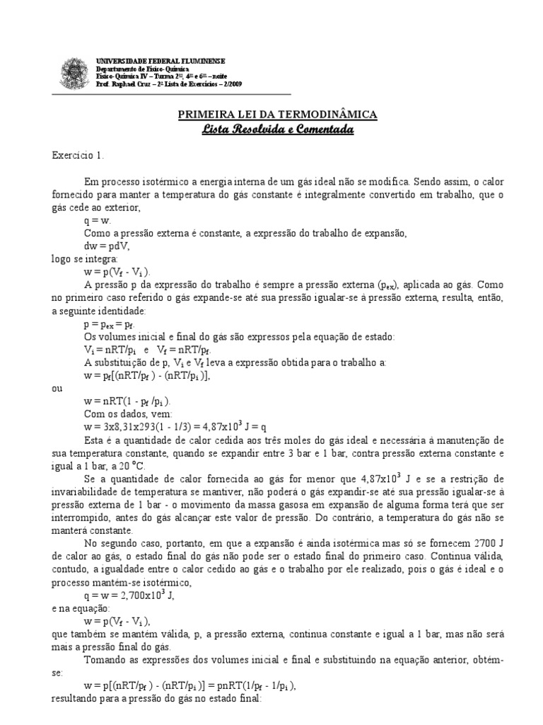 Exercícios sobre a Primeira Lei da Termodinâmica | PDF | Termodinâmica ...