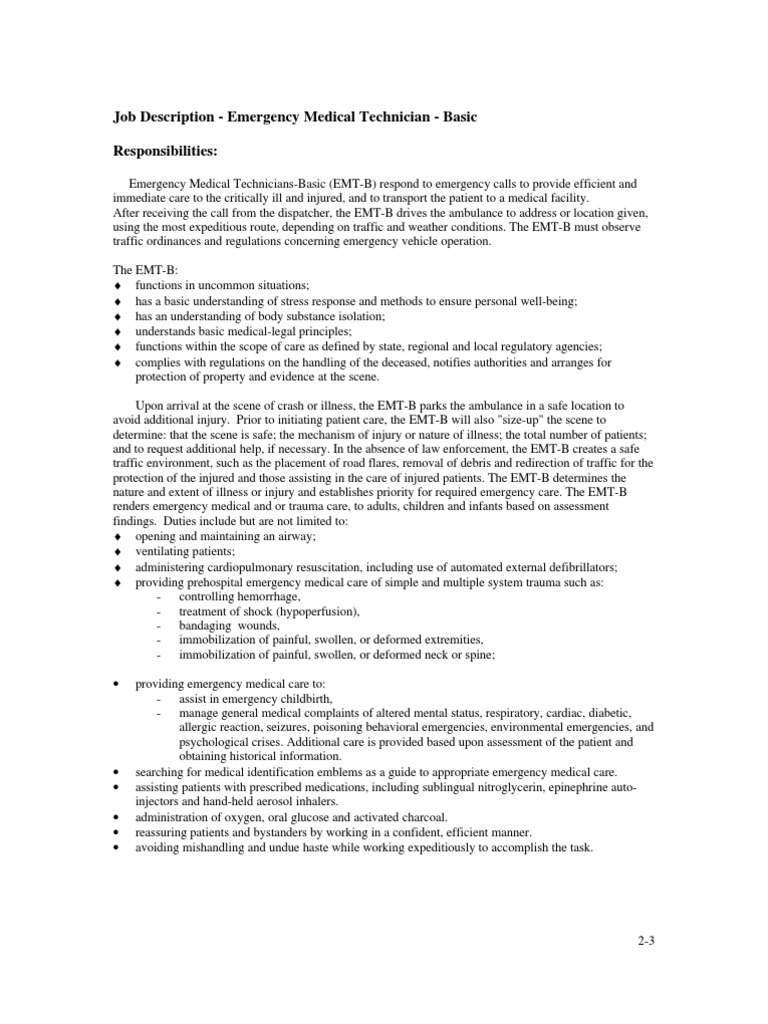 Job Description Emergency Medical Technician Basic Responsibilities
