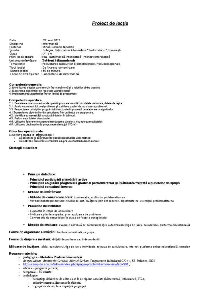 Proiect Didactic Tablouri Bidimensionale Aplicatie