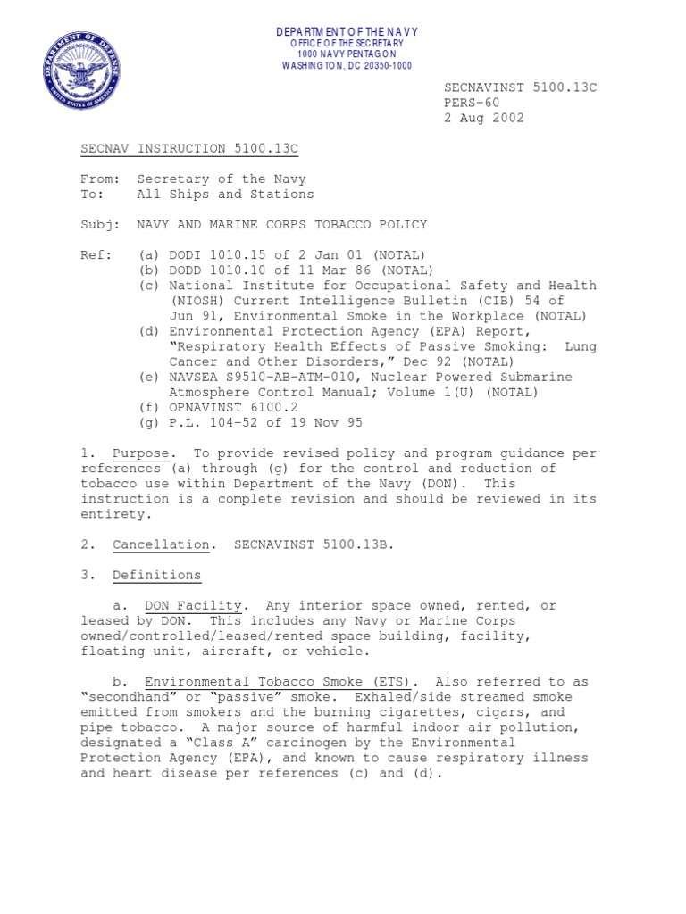 secnavinst 5100.13 e tobacco policy Navy Tobacco Policy Overview | PDF | Tobacco Smoking