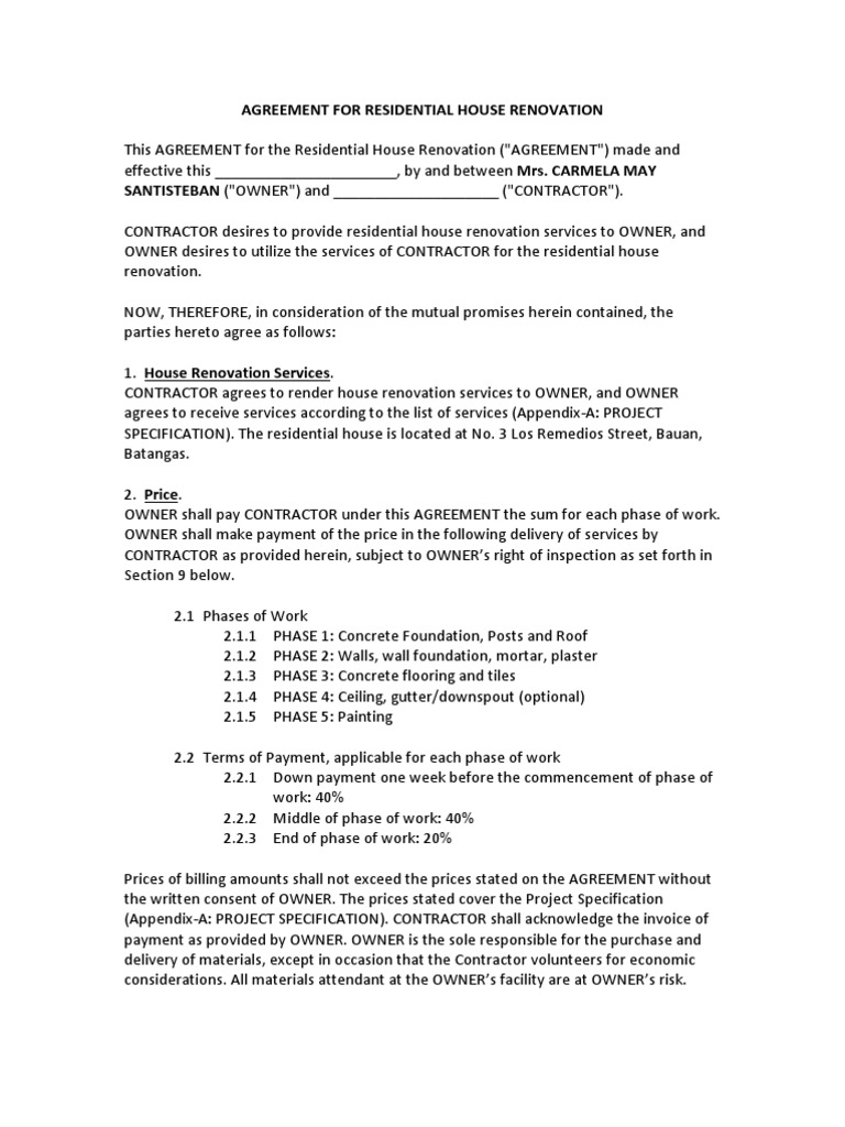 Agreement For Residential House Renovation Pdf Assignment Law Virtue