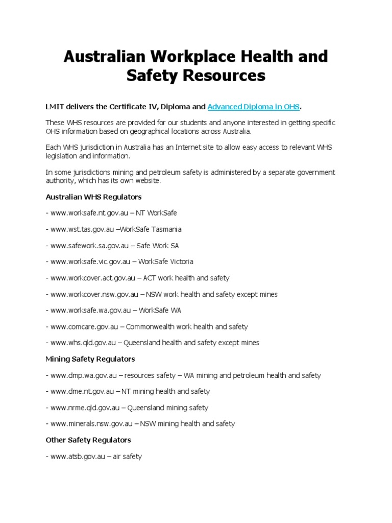 Australian Workplace Health and Safety Resources PDF Occupational