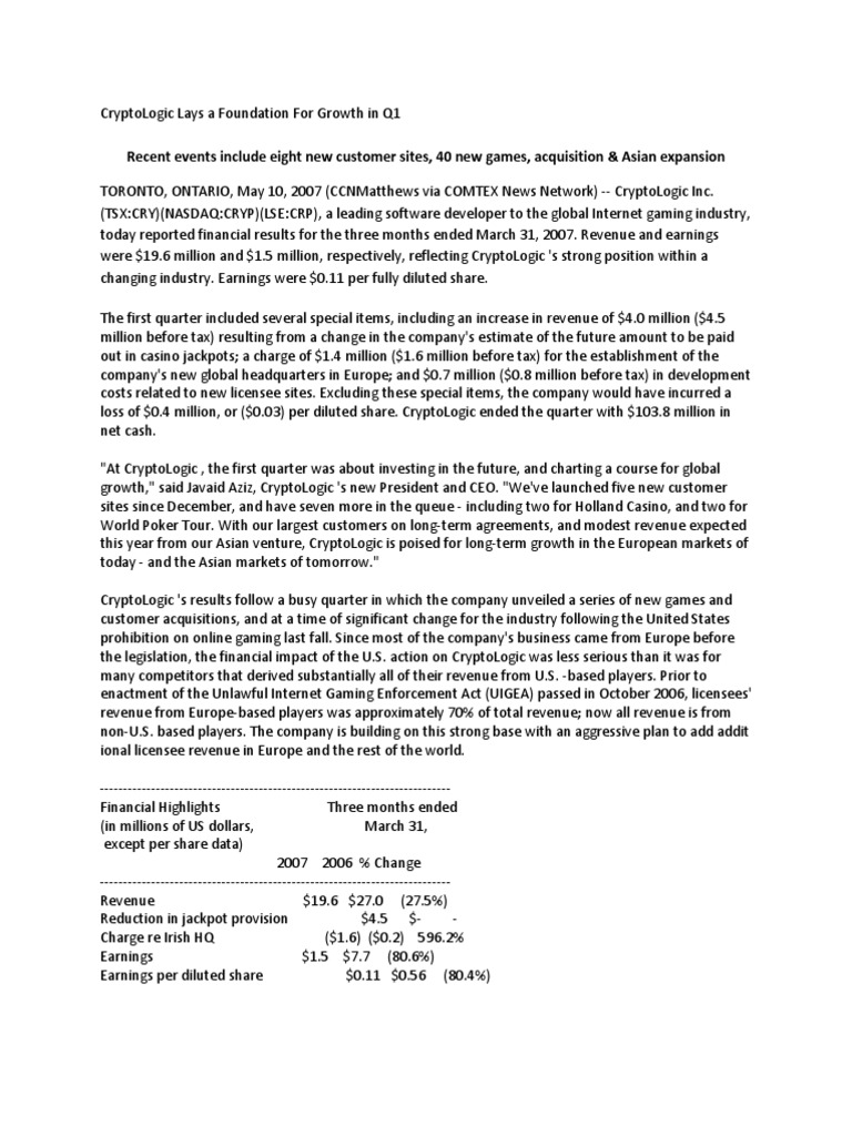 2007-05-10 CryptoLogic Lays A Foundation For Growth in Q1 | PDF ...