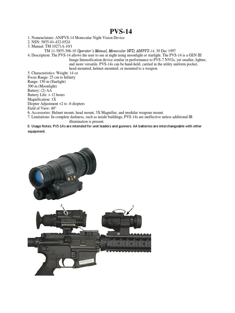 PVS-14 Monocular Night Vision Overview | PDF | Military Technology