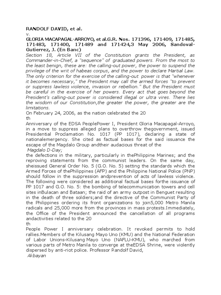 David vs macapagal arroyo digest pdf mootness martial law