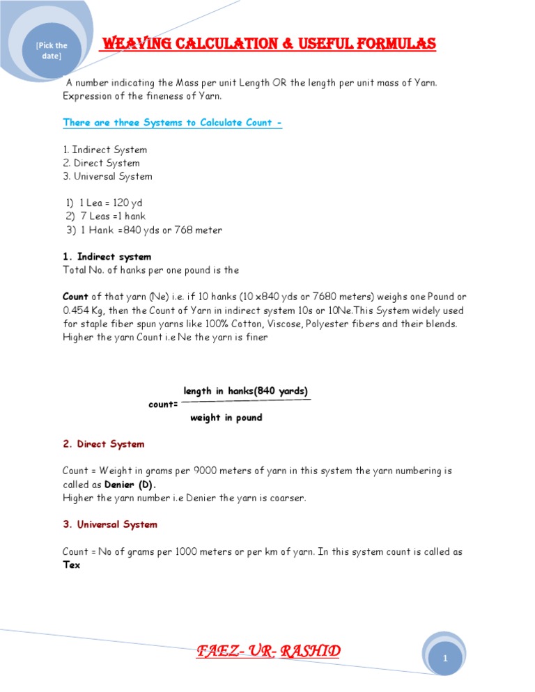 Fabric Count Calculation Methods | PDF | Teaching Methods & Materials