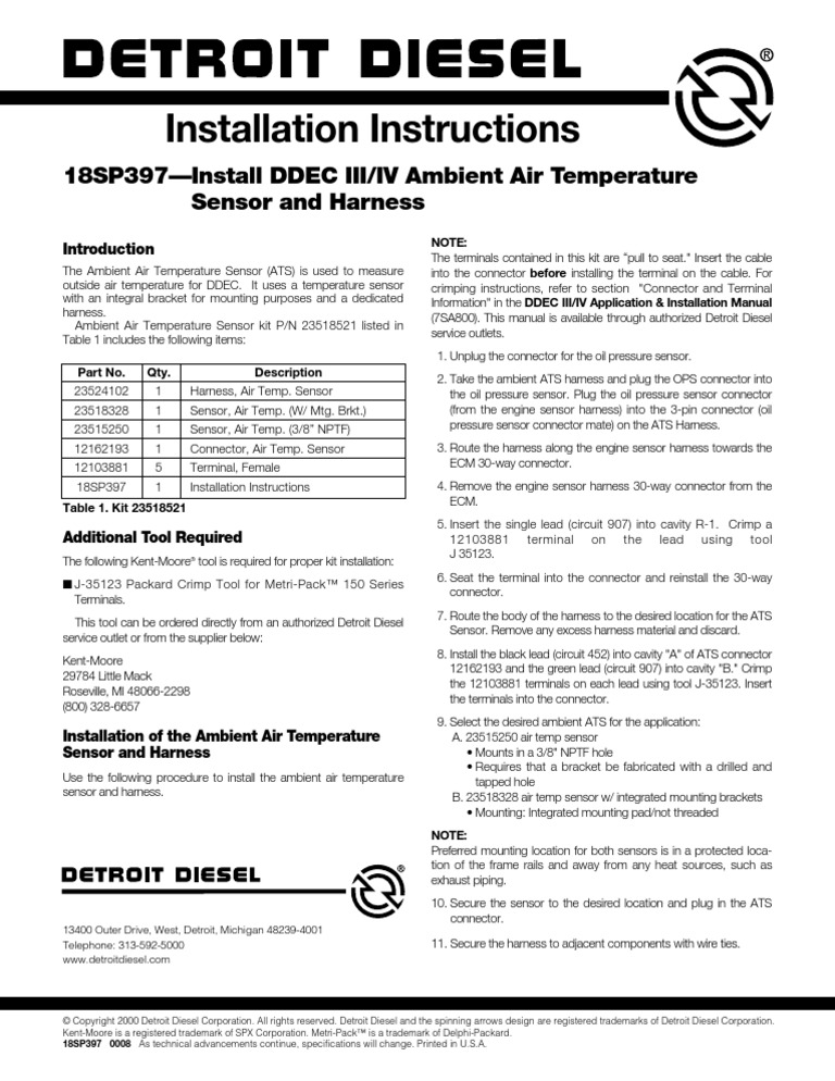 detroit diesel series 60 ambient air temperature sensor and harness 18sp397 electrical connector manufactured goods scribd