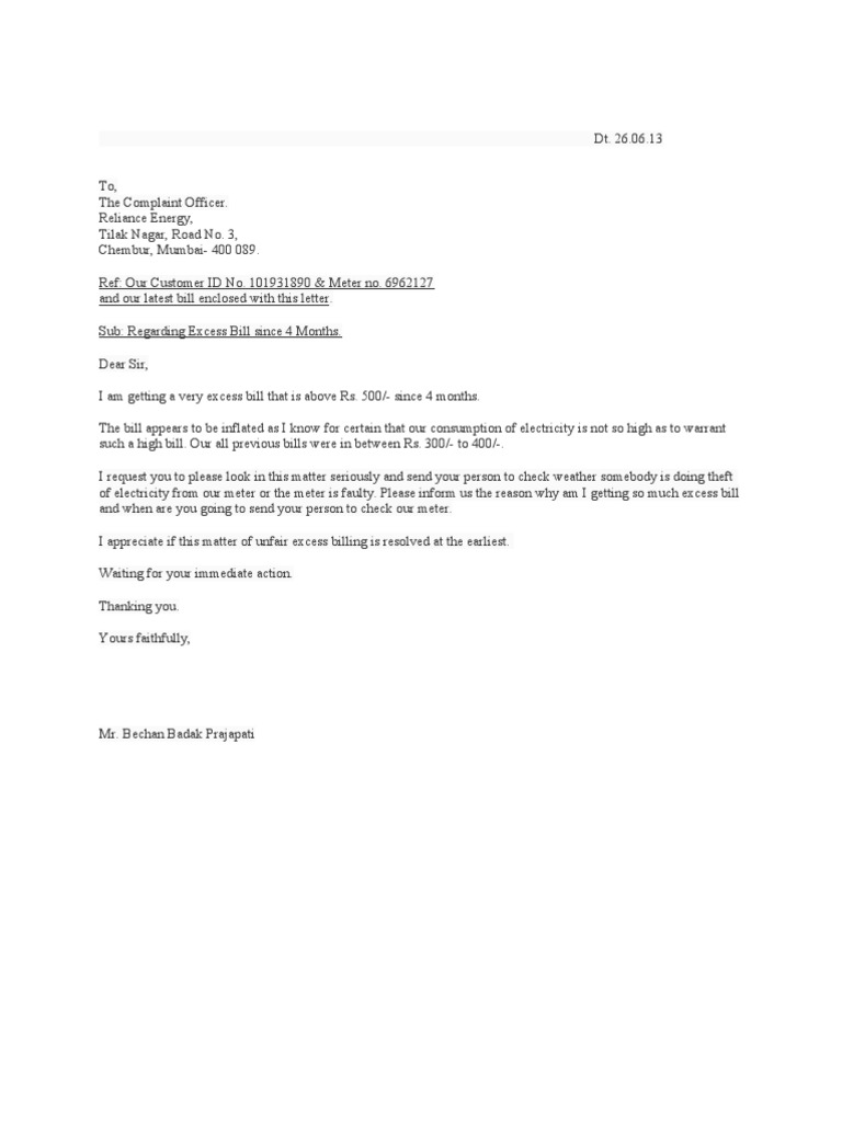 Complaint Letter Excess Electricity Charges Energy And Resource