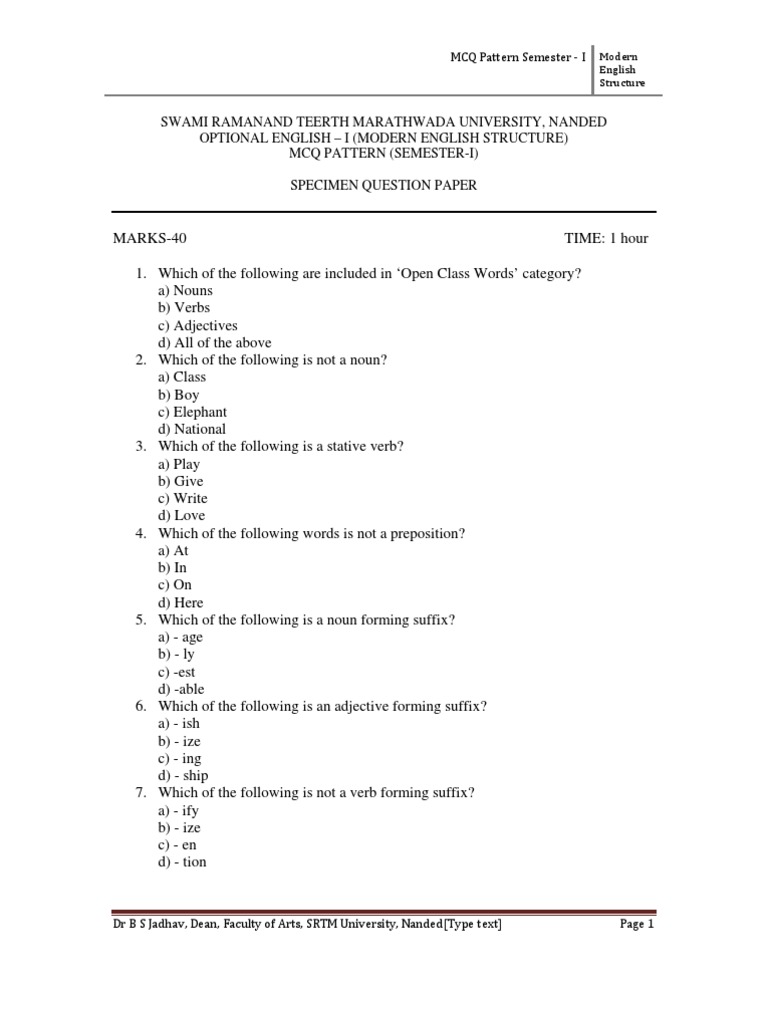 Specimen MCQ Optional EnglishI Subject (Grammar) Phrase