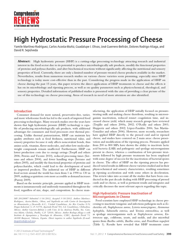 High Hydrostatic Processing Pressure in Cheese | PDF | Cheese | Proteolysis