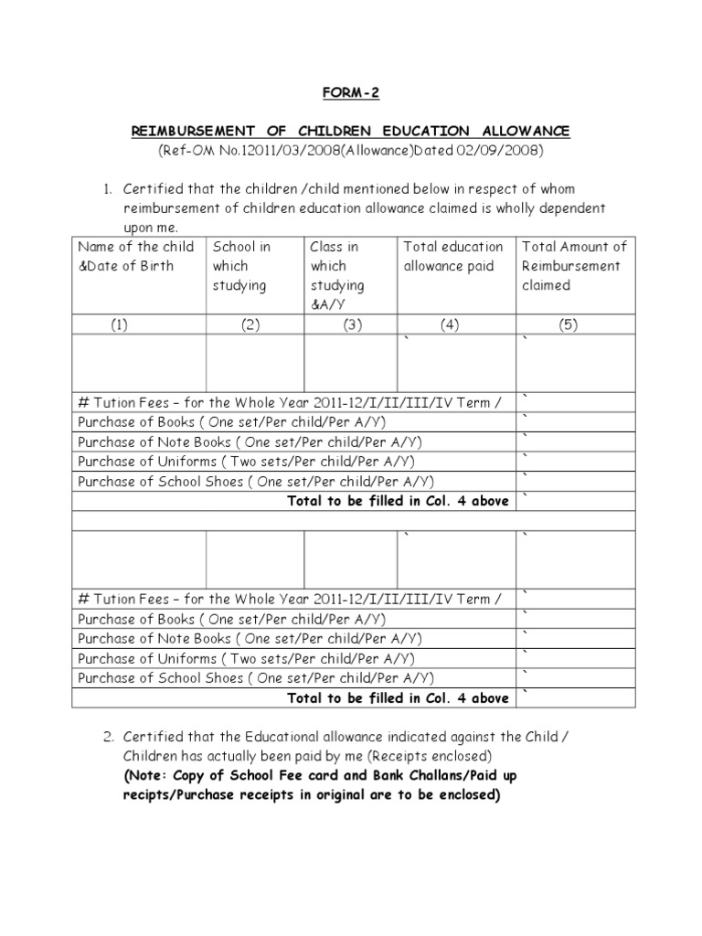 Children Education Allowance Reimbursement Form | PDF