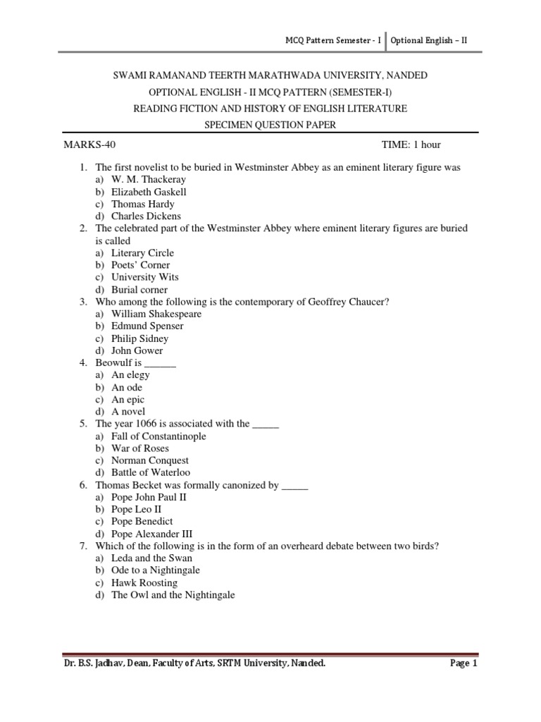 Specimen MCQ Optional EnglishII PDF Poetry
