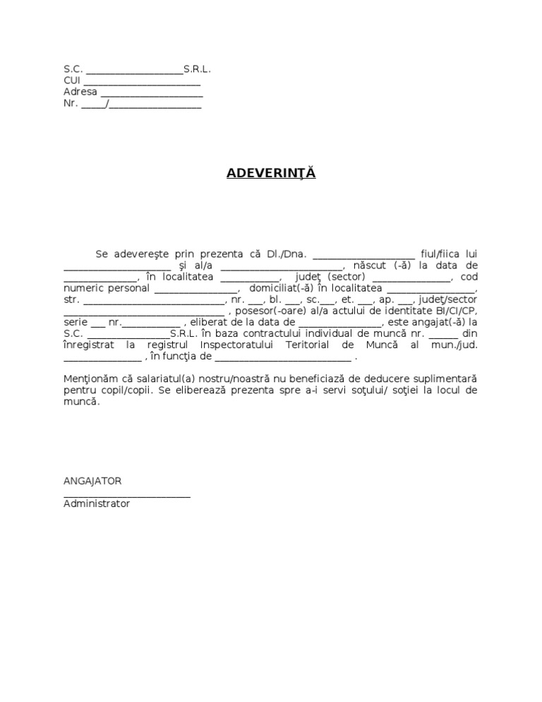 Model Adeverinta Deducere Persoane Intretinere