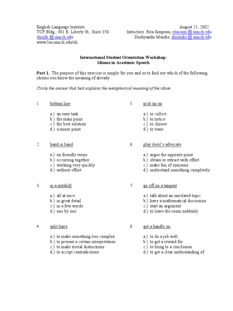 Idioms Workshop for International Students | PDF | Social Science